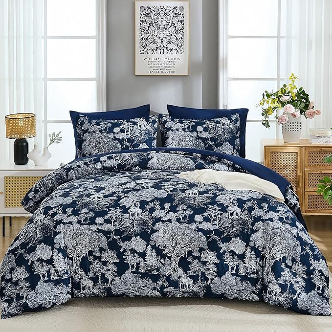 DJY Queen Size Comforter Sets, 7 Pieces Bed in a Bag Queen Navy Blue Botanical Comforter Set with Sheets, White Elegant Plants Print Soft Microfiber Reversible Complete Bedding Sets for All Season