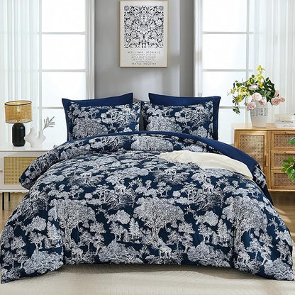 DJY Queen Size Comforter Sets, 7 Pieces Bed in a Bag Queen Navy Blue Botanical Comforter Set with Sheets, White Elegant Plants Print Soft Microfiber Reversible Complete Bedding Sets for All Season