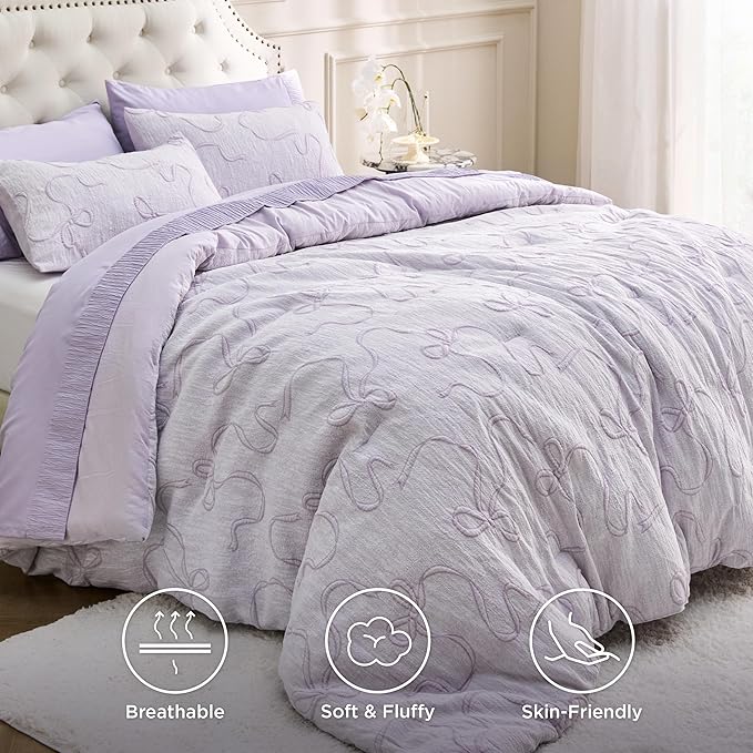 Bedsure King Size Comforter Set, GentleSoft™ 3 Pieces Bow Cute Bedding Lavender Room Decor Aesthetic, King Bedding Set Gifts for Her Women, 1 Bed Lavender Comforter, 2 Pillow Shams, 104x90 Inches