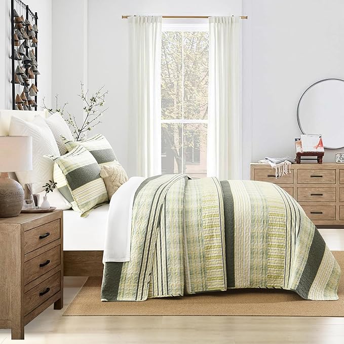 Homzard King Quilt - Cotton Comforter Set King Size, Green Yellow Striped Quilt Set,Olive Green Plaid Bedding Bedspread, Lightweight Farmhouse Comforter 3 Pieces All Season