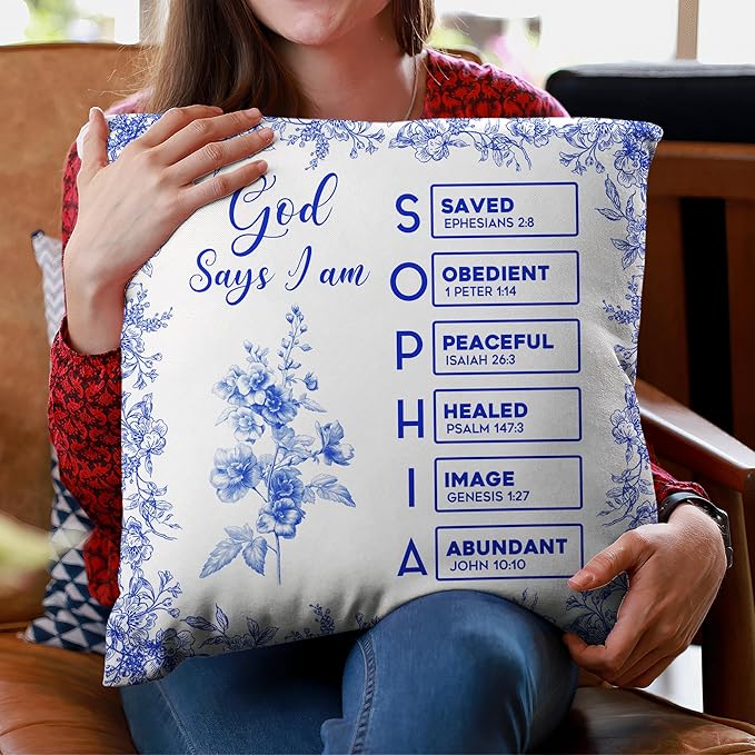 Macorner Personalized Pillow, God Says I Am Name Letter in Bible Toile De Jouy Style