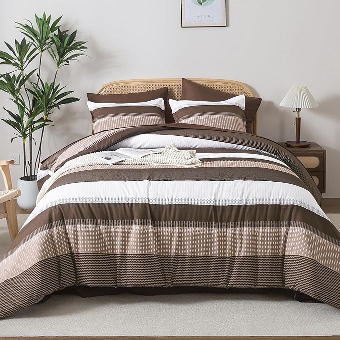 Andency California King Comforter Set Brown - 7 Pieces Striped Lightweight Bed in a Bag, Soft Microfiber Reversible Bedding Set with Comforter, Fitted & Flat Sheet, Pillowcases & Shams