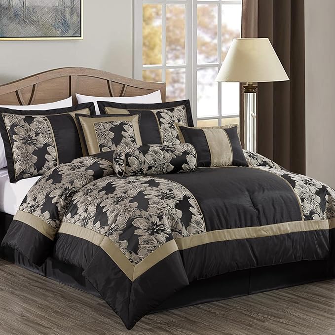 Chezmoi Collection Cameron Comforter Set Oversized King Size, 7-Piece Black Gold Hibiscus Floral Jacquard Bedding Set
