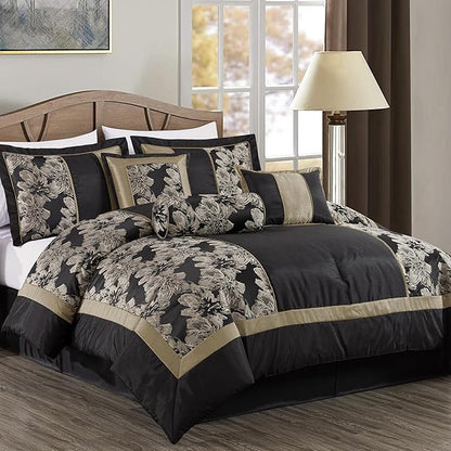 Chezmoi Collection Cameron Comforter Set Oversized King Size, 7-Piece Black Gold Hibiscus Floral Jacquard Bedding Set