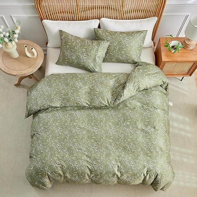 AMWAN King Size Comforter Set Olive Green 3 Pieces King Boho Floral Bedding Set, All Season King Bedding Sets with 1 Comforter and 2 Pillowcases, Soft Thick Aesthetic Comforter Sets