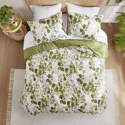 Lightweight Seersucker Botanical Queen Size Comforter Set, 3 Pieces Reversible Design Bed Comforter, Premium Microfiber Bedding Set, Comforter and Shams Set, Olive Green