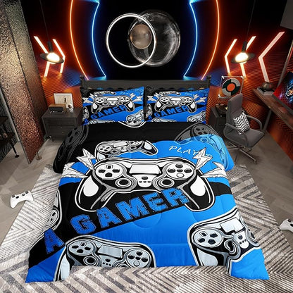 Erosebridal Gaming Comforter Sets for Boys Kids Video Game Comforter Set,Gamer Bedding Set Blue Black Quilt Duvet Set Men Boys Bedroom Decor,King Size 3Pcs