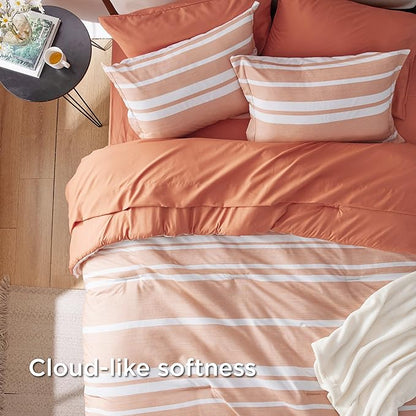 Bedsure Twin XL Comforter Set 5 Pieces, Burnt Orange Striped Bedding Set for All Seasons, Reversible, Cationic Dyeing Bed in a Bag with Comforter, Sheets, Pillowcase & Sham
