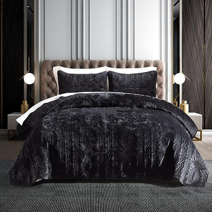 Homzard Velvet Quilt Set Queen Size, Black Velvet Comforter Set, Bedspread Coverlet Quilted Bedding Set,for All Season