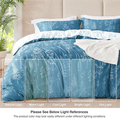 Love's cabin Mineral Blue Comforter Set King - King Size Comforter Set, 3 Pieces Cute Floral Bedding Sets for All Seasons,1 Soft Reversible Botanical Flowers Comforter and 2 Pillow Shams