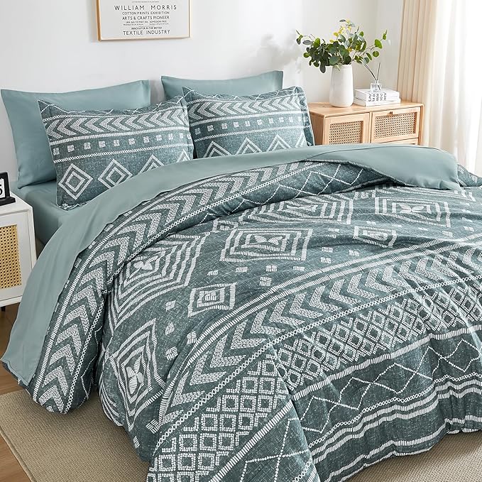 Yiran Boho Aztec Comforter Set King Size, Grayish Blue Comforter Bedding Set, 7 Piece Bed in a Bag, Soft Microfiber Bohemian Striped Complete Bedding Set with Sheets for All Season