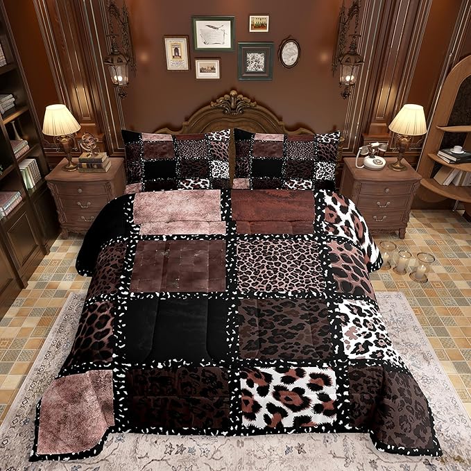 Erosebridal Brown Leopard Print Full Size Comforter Sets for Kids Boys Girls,Animal Skin Texture Bedding Set,Patchwork Geometric Duvet Insert,Farmhouse Quilt Bedroom Decor