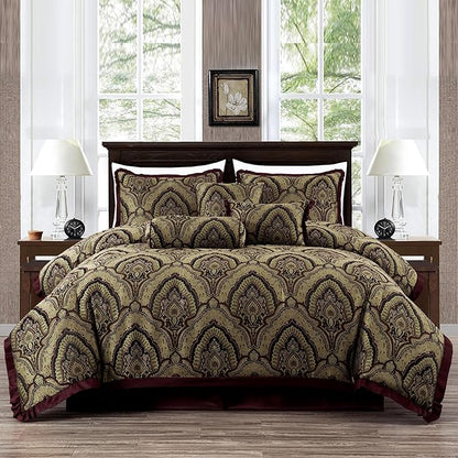 Chezmoi Collection Pierre Comforter Set California King Size, 7-Piece Burgundy Black Gold Medallion Paisley Jacquard Bedding Set