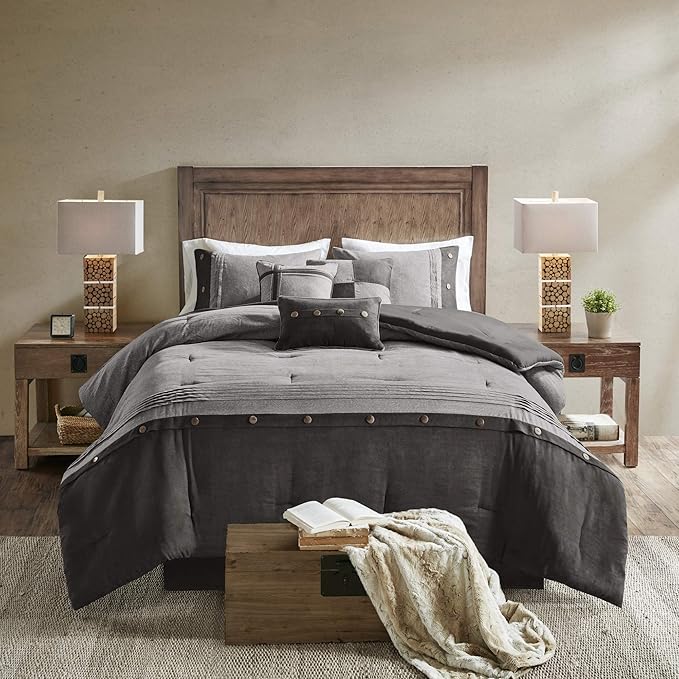 Madison Park Boone Cozy Comforter Set, Faux Suede, Deluxe Hotel Styling All Season Down Alternative Bedding Matching Shams, Decorative Pillow, Queen (90 in x 90 in), Rustic Grey 7 Piece,Dark Gray