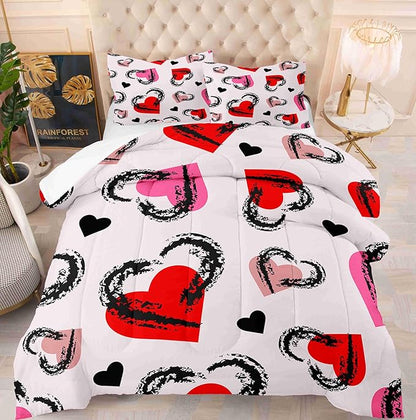 Red Heart Purple Background Queen Size Comforter Set with 2 Pillowcases, Valentine Heart Black Pink Printed Pillow Shams Soft 3 Pcs Bedding for Kids and Adults Bedroom Bed Decor Dormroom All Season