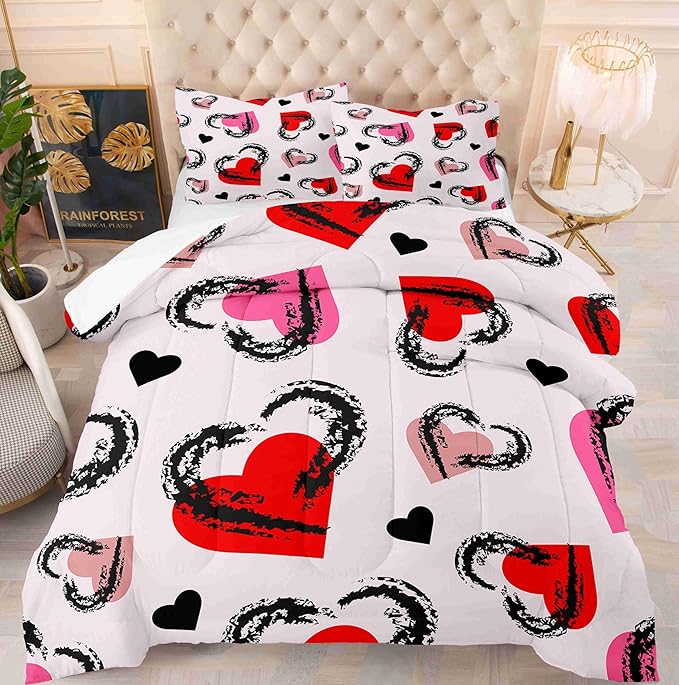 Red Heart Purple Background King Size Comforter Set with 2 Pillowcases, Valentine Heart Black Pink Printed Pillow Shams Soft 3 Pcs Bedding for Kids Adults Bedroom Dormroom Bed Decor All Season