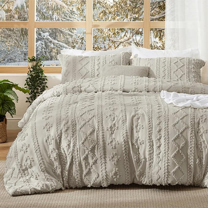 Bedsure Tufted Boho Comforter Set California King Size - Linen Boho Bed Set, GentleSoft™ 3 Pieces Farmhouse Shabby Chic Embroidery Bedding, Gifts for Woman, Soft Jacquard Comforter for All Seasons
