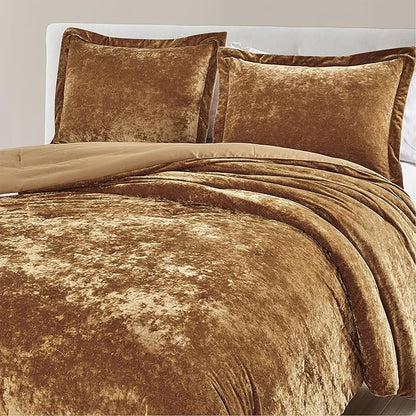 Luxury Velvet Queen Size Comforter Set, 3 Pieces Reversible Brushed Solid Microfiber Back, All Season Cozy, Soft, Warm(Caramel Gold,90x90 in)