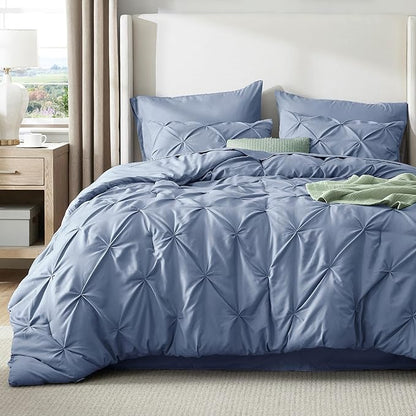 Bedsure King Size Comforter Set Slate Blue - Bed in a Bag Bedding Set 7 Pieces, GentleSoft™ Pintuck Bed Set Gift for Family, Pinch Pleat Slate Blue Comforter with Sheets, Pillowcases & Shams