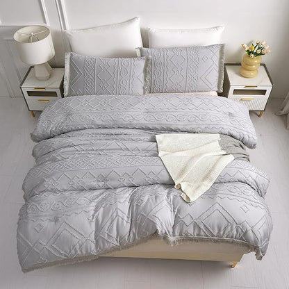 Boho King Size Comforter Set Grey 3 Pieces Tufted Tassel King Comforter Set Prime Lightweight Down Comforter King Size Gray Shabby Chic Boho Bedding Farmhouse Fluffy Comforter Bed Set Gift Choice
