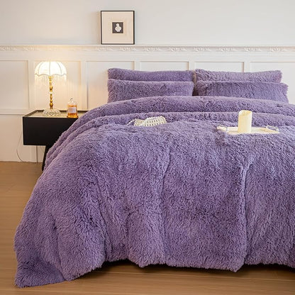 chovy Faux Fur Plush Purple Comforter Sets Queen - Ultra Soft Shaggy Flannel Velvet Fluffy Fuzzy 3PC Bedding Set （Comforter x 1 Pillowcases x 2）