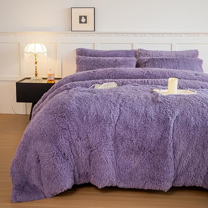 chovy Faux Fur Plush Purple Comforter Sets King - Ultra Soft Shaggy Flannel Velvet Fluffy Fuzzy 3PC Bedding Set (Comforter x 1 Pillowcases x 2)