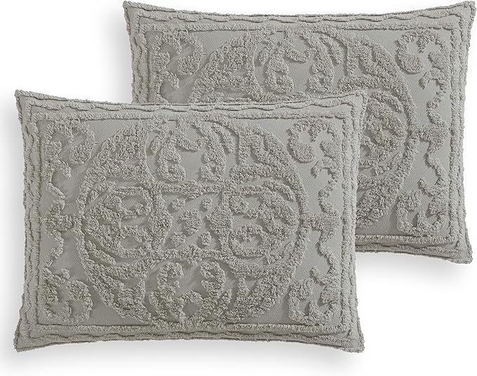 Beatrice Home Fashions Medallion Tufted Chenille Comforter 3-Piece Set, Cotton, All Season Cozy Bedding, Queen, Gray