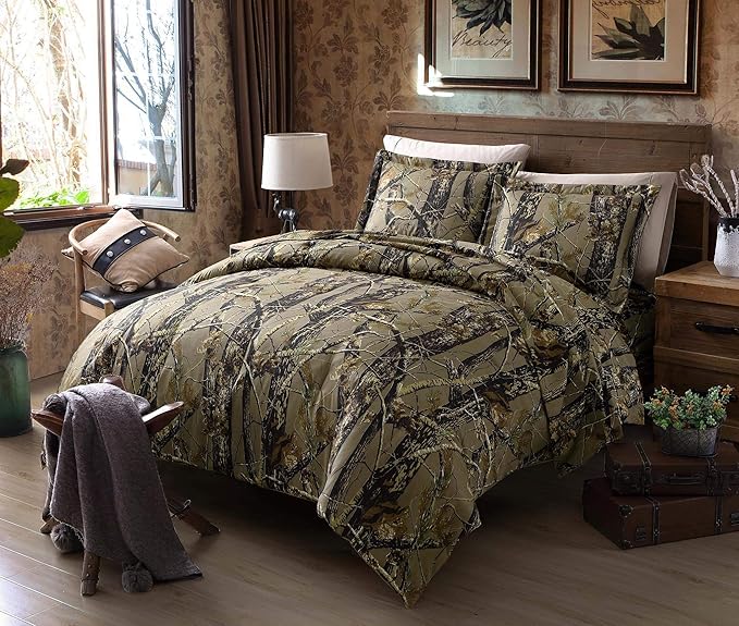 Chezmoi Collection Salem 3-Piece Cabin Lodge Forest Woods Comforter Set - Nature Camo Tree Leaves Printed Soft Microfiber Bedding - Natural, Full