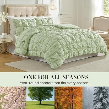 Amélie Home King Comforter Set, 3 Pieces Sage Green Bubble Bedding Set for All Season, Ultra Soft Cozy Comforter, Farmhouse Luxury Gift for Women Home Decor