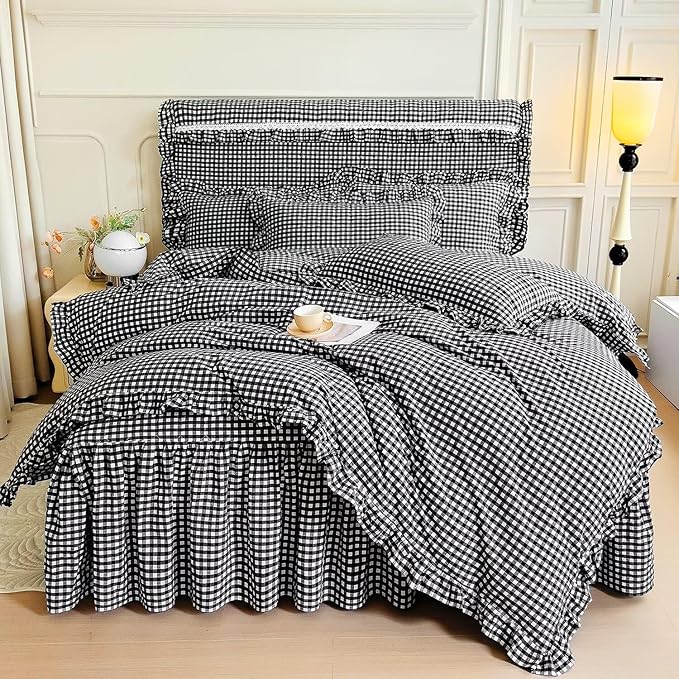 mixinni Vintage Black Gingham Ruffle Comforter Set 3-Piece Washed Cotton Twin XL Size Grid Bedding Set with Geometric Checkered Pattern, Farmhouse Chic Soft Fluffy Comforter for All-Season