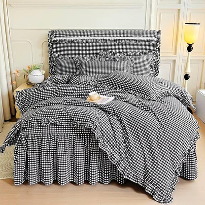 mixinni Vintage Black Gingham Ruffle Comforter Set 3-Piece Washed Cotton King Size Grid Bedding Set with Geometric Checkered Pattern, Farmhouse Chic Soft Fluffy Comforter for All-Season