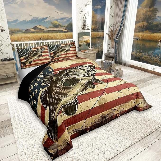 Erosebridal Bass Fishing King Comforter Set,Vintage American Flag Bedding Sets for Kids Boys Men,Big Pike Fish Quilt Bed Set,Rustic Cabin Lake House Bedroom Decor,2 Pillowcases Breathable