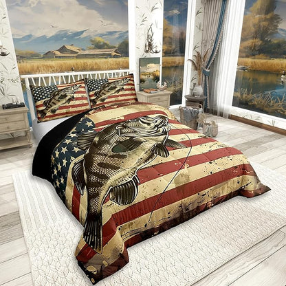 Erosebridal Bass Fishing King Comforter Set,Vintage American Flag Bedding Sets for Kids Boys Men,Big Pike Fish Quilt Bed Set,Rustic Cabin Lake House Bedroom Decor,2 Pillowcases Breathable