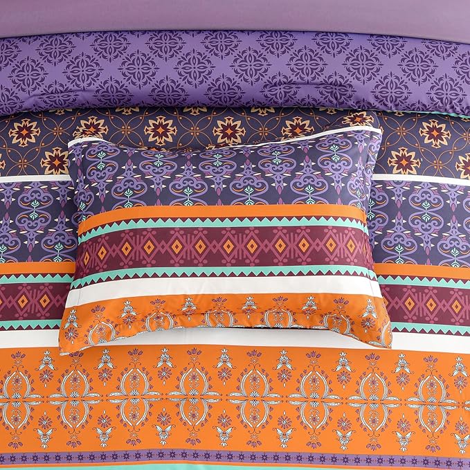 WONGS BEDDING Boho Comforter Set Queen Size,7 Pieces Bohemian Comforter Bedding Set Bed in a Bag,Purple Paisley Floral Comfortet and Sheet Set,Soft Microfiber Striped Bedding Sets for All Season