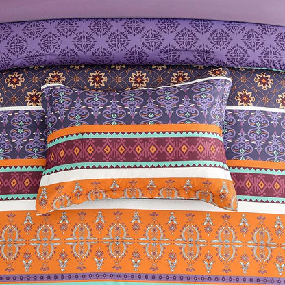 WONGS BEDDING Boho Comforter Set Queen Size,7 Pieces Bohemian Comforter Bedding Set Bed in a Bag,Purple Paisley Floral Comfortet and Sheet Set,Soft Microfiber Striped Bedding Sets for All Season
