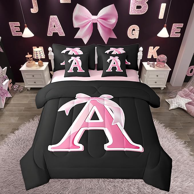 jejeloiu Kids Girls Black Pink Bow Comforter Set with Sheets Queen Size Monogrammed 7 Piece Bedding Set Personalized Initial A Bed in a Bag with Comforter,Sheets,Pillowcases Modern Fashion Bed Set