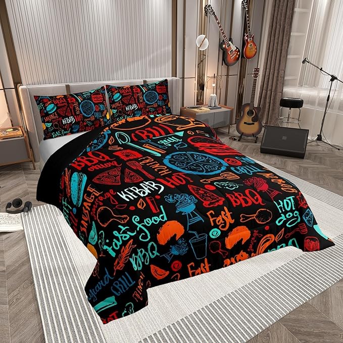 Castle Fairy Colorful Hand Drawn Line Art 3 Pcs King Size Comforter Set,Delicious Food Down Alternative Adults Bedroom Decor,Barbecue Theme Ultra Soft Microfiber Inner Fill 3Pcs Bedding