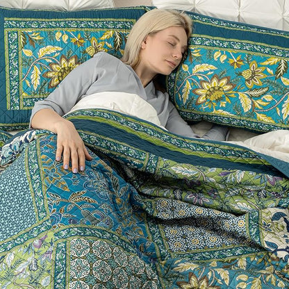 Queen Quilt Set for Bed - 100% Cotton Quilts Patchwork Comforter Coverlet Bedspread Reversible 90"x90" with 2 Pillow Shams