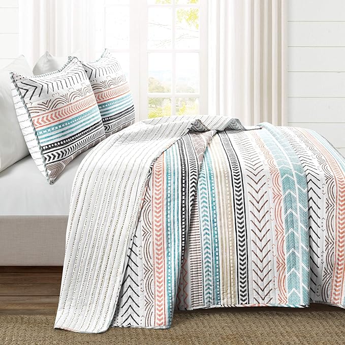Lush Decor Hygge Geo Pattern Striped 3 Piece Quilt Bedding Set, King, Neutral & Multicolored