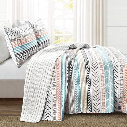 Lush Decor Hygge Geo Pattern Striped 3 Piece Quilt Bedding Set, King, Neutral & Multicolored