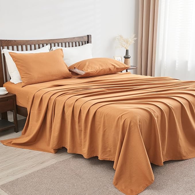 Simple&Opulence Belgian Linen Sheet Set Solid Color - 4 Pieces (1 Flat Sheet, 1 Fitted Sheet & 2 Pillowcases) Natural Flax Cotton Blend Soft Breathable Farmhouse Bedding - Queen Size, Rust