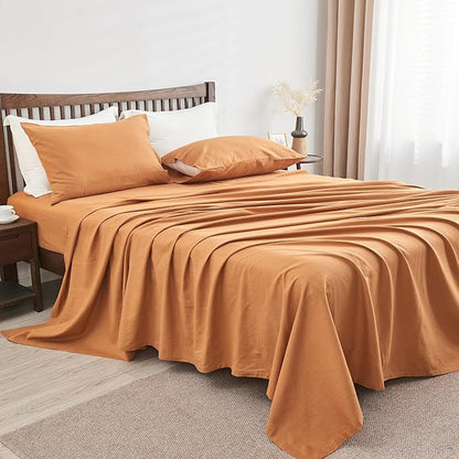 Simple&Opulence Belgian Linen Sheet Set Solid Color - 4 Pieces (1 Flat Sheet, 1 Fitted Sheet & 2 Pillowcases) Natural Flax Cotton Blend Soft Breathable Farmhouse Bedding - Queen Size, Rust