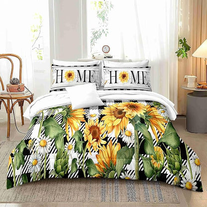 Spring Sunflower Home Full Size Comforter Set with 2 Pillowcases, Buffalo Plaid Black and White Pillow Shams Printed Soft 3 Pcs Bedding for Kids and Adults Bedroom Bed Decor Dormroom All Season