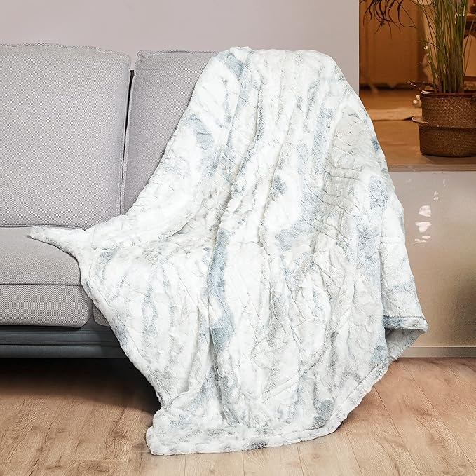 WOOMER Heated Blanket Throw 50" x 60", Electric Blanket Throw with 4 Heating Levels & 4H Auto Off, ETL Certified, Marble Blue Double-Sided Faux Fur, Over-Heat Protect, Machine Washable