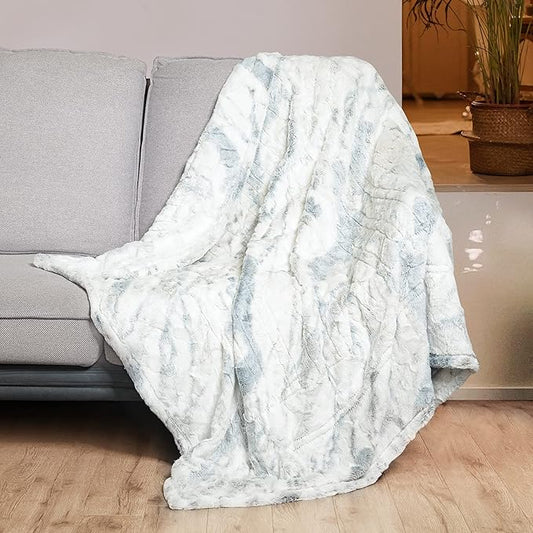WOOMER Heated Blanket Throw 50" x 60", Electric Blanket Throw with 4 Heating Levels & 4H Auto Off, ETL Certified, Marble Blue Double-Sided Faux Fur, Over-Heat Protect, Machine Washable