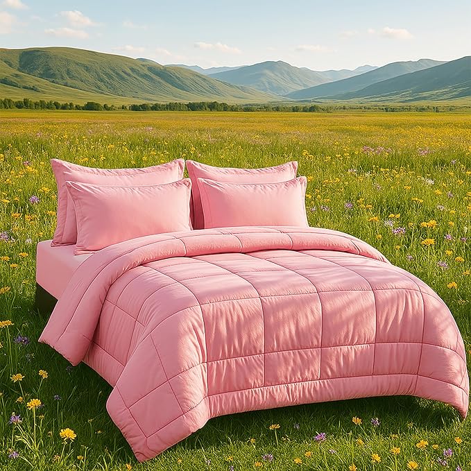 DOWNCOOL King Size Comforter Set, 7Pcs Bedding Comforter Sets Pink, All Season Down Alternative Bedding Comforter Sets with Comforter, Flat Sheet, Fitted Sheet, 2 Pillow Shams & 2 Pillowcases