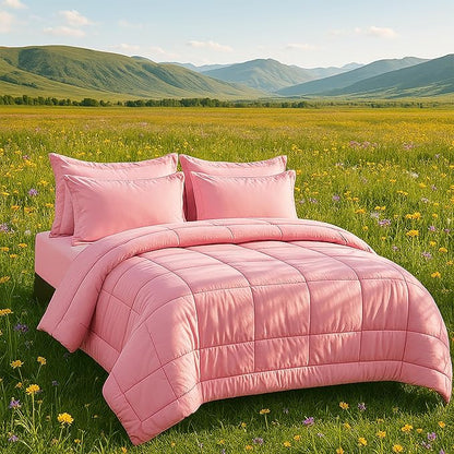 DOWNCOOL King Size Comforter Set, 7Pcs Bedding Comforter Sets Pink, All Season Down Alternative Bedding Comforter Sets with Comforter, Flat Sheet, Fitted Sheet, 2 Pillow Shams & 2 Pillowcases