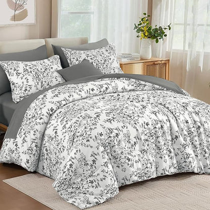 WONGS BEDDING Queen Size Comforter Set, 8 Pieces Grey Floral Bed in a Bag Comferter Sets, Botanical Print Soft Fluffy Microfiber Complete Bedding Sets for All Season (90"x90")