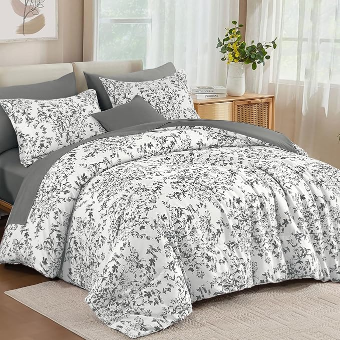 WONGS BEDDING King Size Comforter Set, 8 Pieces Grey Floral Bed in a Bag Comforter Sets, Botanical Print Soft Fluffy Microfiber Complete Bedding Sets for All Season (90"x104")