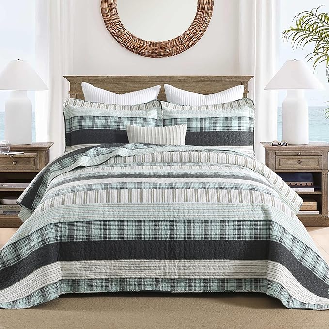 Homzard King Comforter，Cotton King Size Quilt，Teal Black Beige Bedding Set，Plaid Striped Bedspread，Lightweight Reversible Coverlet All Season 3 Pieces
